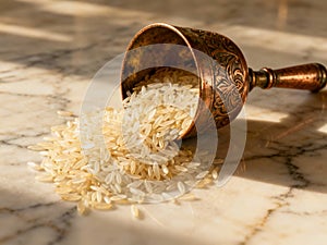 Antique Copper Scoop with Basmati Rice on Marble AI-GENERATED