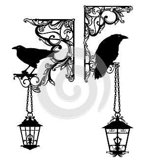 antique corner design with raven birds and lamps