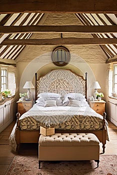 Antique cottage bedroom decor, interior design and holiday rental, bed with elegant bedding and furniture, English