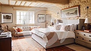 Antique cottage bedroom decor, interior design and holiday rental, bed with elegant bedding and furniture, English