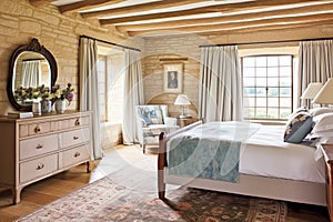 Antique cottage bedroom decor, interior design and holiday rental, bed with elegant bedding and furniture, English