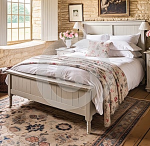 Antique cottage bedroom decor, interior design and holiday rental, bed with elegant bedding and furniture, English