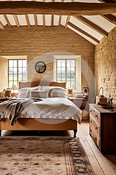 Antique cottage bedroom decor, interior design and holiday rental, bed with elegant bedding and furniture, English