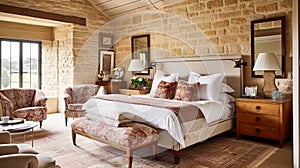 Antique cottage bedroom decor, interior design and holiday rental, bed with elegant bedding and furniture, English