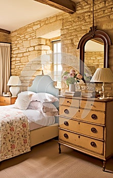 Antique cottage bedroom decor, interior design and holiday rental, bed with elegant bedding and furniture, English