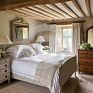 Antique cottage bedroom decor, interior design and holiday rental, bed with elegant bedding and furniture, English