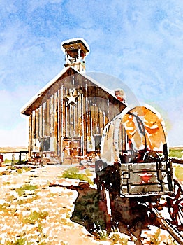 Antique covered wagon and settler church in watercolor