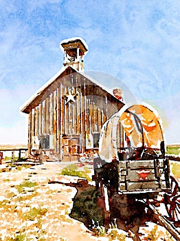 Antique covered wagon and settler church in watercolor photo