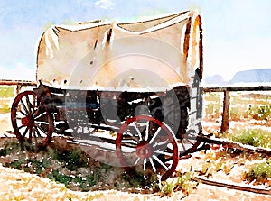 Antique covered wagon in watercolor