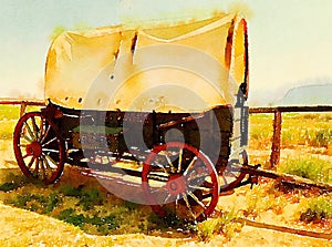 Antique covered wagon in watercolor