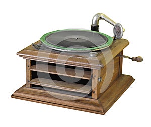 Antique crank phonograph isolated.