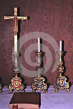 Antique Crucifix and candle holders       vertical