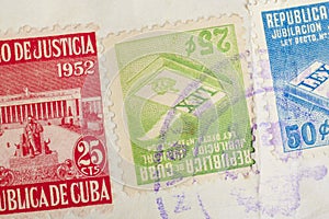 Antique cuban stamps with postmarks. Vintage historic philately.