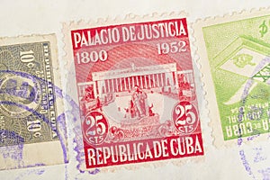 Antique cuban stamps with postmarks. Vintage historic philately.