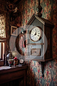 antique cuckoo clock hanging on a patterned wall
