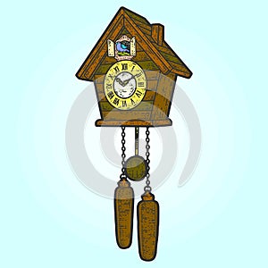 Antique cuckoo clock. Sketch scratch board imitation color.