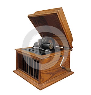 Antique cylinder phonograph isolated.