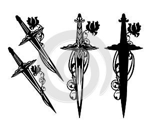Antique dagger knife and rose flower black and white vector design set