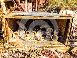 Antique Dished, cups, bowls in a box, artistic, rustic