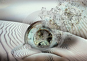 Antique disintegrating clock buried in desert sand