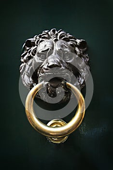 Antique door knocker in the form of a lion`s head, Rome, Italy photo