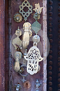 Antique door knockers for sale at a Moroccan souk