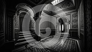 An antique door leads to a dark, elegant marble corridor generated by AI