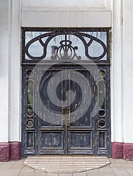Antique door in modern style. Black painted door. Front view.
