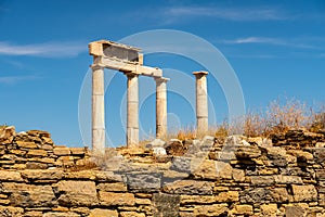 Antique doric columns and ruins on DELOS Island - mythological, historical, and archaeological site in Greece during sunny day