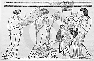 The antique drawing on the vase, antique women in the vintage book Histoire de L`Art by C. Bayet, 1886 photo