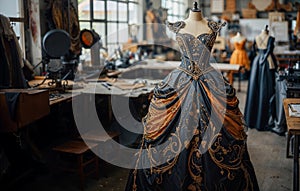 Antique dress resembling a ball gown, created in a factory, AI-generated.