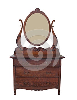 Antique dresser with mirror isolated.