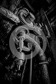 Antique Drill Press in a Blacksmith Shop, ON BW