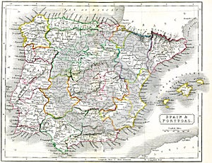 Antique Engraving of Historical Map of Southwestern Europe