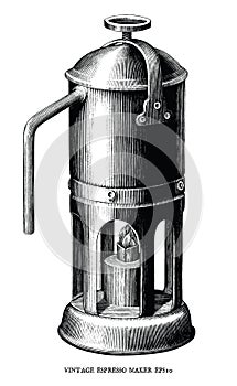 Antique engraving illustration of Espresso maker black and white clip art isolated on white background