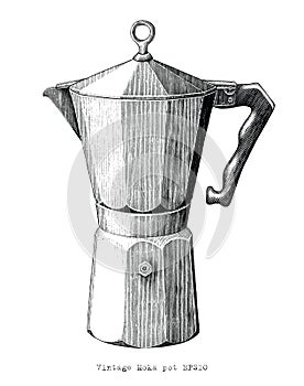 Antique engraving illustration of Moka pot black and white clip art isolated on white background photo