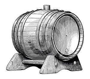Antique engraving illustration of Oak barrel hand drawing black and white clip art isolated on white background,Alcoholic