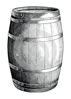 Antique engraving illustration of Oak barrel hand drawing black and white clip art isolated on white background,Alcoholic