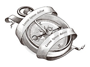 Antique engraving illustration of vintage compass with banner clip art isolated on white background,The symbol of sea