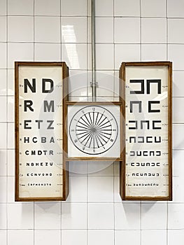 An antique eye chart in an old eye clinic, vintage eye chart with lettering and symbols, optical examination equipment