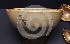 Antique Famille Rose Porcelain Bowl Goldfish Teasing at Pondweed Interior Ship Painting Captain Boat Ceramic Utensil