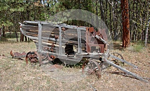 Antique farm equipment found abandoned in the woods.