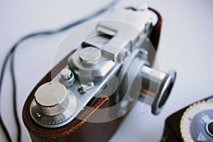 Vintage film camera in a leather case