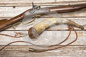 Antique firearm gun powder horn muzzle loader