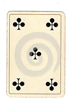 An antique five of clubs playing card.