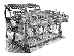 Antique flax mill machine - textile hackle machine old Antique illustration from Brockhaus Konversations-Lexikon 1908