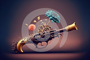 Antique flintlock gun with flowers. Make love not war concept. Abstract style. Generative Ai