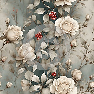 Antique Floral Wallpaper Seamless Pattern Christmas Berries and White Roses AI Generated