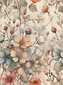 Antique Floral Wallpaper Seamless Pattern Spring Flowers AI Generated