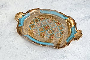 Antique florentine wooden gold turquoise tray